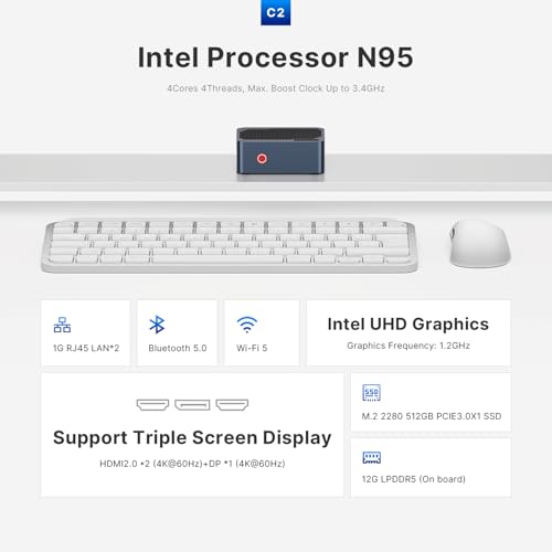 Image of C2 Neo N95 Mini PC Dual LAN, 12GB LPDDR5 RAM 512GB SSD Mini Computers, 4K Triple Display /HDMI2.0 /DP /USB-A 3.2 /WiFi 5 /BT 5.0, Home /Office /Business