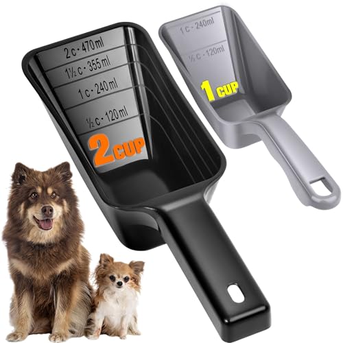 2-Pack Dog Food Scoop Set 1 Cup and 2 Cup Plastic Pet Food Measuring Scoops with Clear Measurement Lines Multi-Purpose Pet Food Scooper for Dogs Cats (Grey and Black)