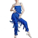 Conjunto Flecos Baile Mujer Top y Pantalón Largo 2 Piezas Ropa de Baile para Salsa Latina Bachata (Azul 12-13T)