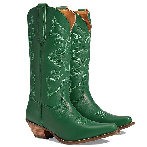Image of LEHOOR Cowboy Boots Women Embroidered Mid Calf Western Boot Low Chunky Heel | Pointed Toe Pull On Knee High Cowgirl Boots Stacked Heel V Cut Suede Snip Toe Fall Winter Boot Dressy Retro Chic 4-11 M US