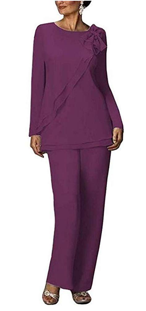 Leader of the Beauty Women's Two Pieces Outfit Wedding Formal Gowns Chiffon Pants Suits for Mother of The Bride Plus Size 18 Grape