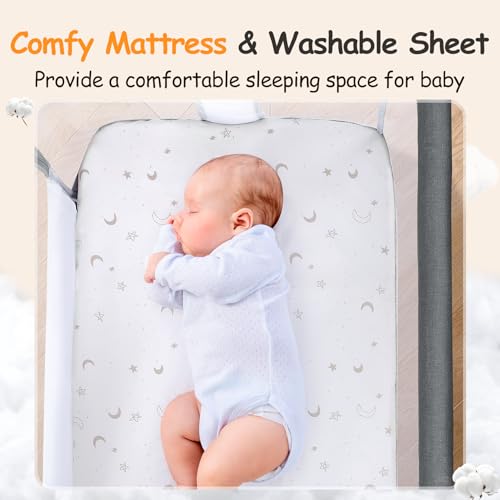 Growaystory Beistellbett Baby Bettseitiger Bassinet für Neugeborene Tragbarer Baby Bett mit Rädern Aufbewahrungskorb Matratze 7-Fach Höhenverstellbar Zustellbett (Dunkelgrau)