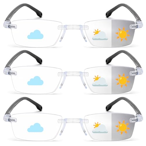 KLYNO-KLYNO Auto Focus Rimless Reading Glasses Men Women 3 Pack Photochromic Anti-blue Light Glasses Non-Prescription Readers