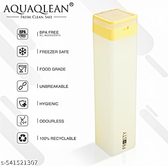 Image of Aura Frosty Square Plastic Water Bottle, Flip Cap, BPA Free, 1L, Leak Proof, Set of 6, Assorted Colourslip cap