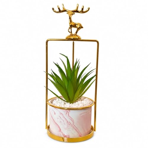 Image of Marble Ceramic Planter Pot with Artificial Succulent | Gold Deer Metal Stand Indoor Fake Plant for Home Decor | Living Room Office Table Showpiece Gift (Pink & Gold)