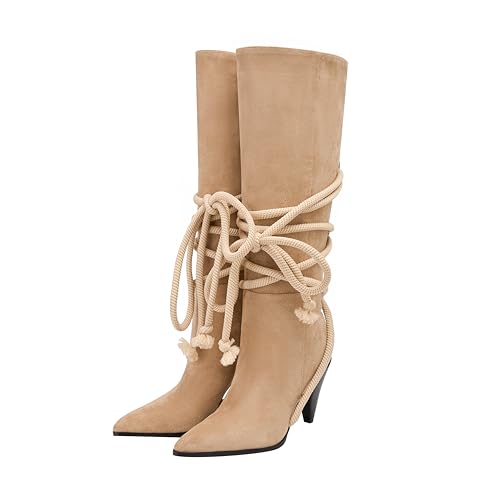 Women's Knee High Boots Suede Lace Up Long Booties Pointed Toe Wedge High Heel Booties Fashion Cone Cowboy Boots for Party Vacation2