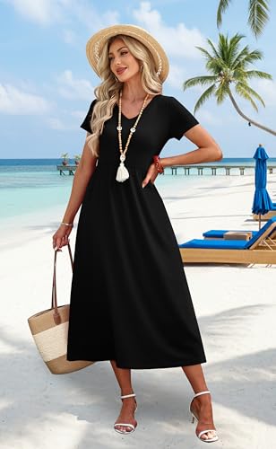 Image of OFEEFAN Summer Dresses for Women Flowy Casual A-Line Midi Dress Beach Vacation Sundresses with Pockets S-2XL