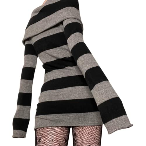 Aopwsrlyi Women's Stripped Long Sleeve Sweater Dress Y2K Off Shoulder Slash Neck Knit Bodycon Mini Dress2