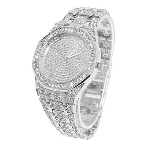 HALUKAKAH Diamonds Gold Watch Iced Out,Men's Platinum White Gold Plated 40MM Width Octagonal Round Dial Quartz Wristband 22cm,Free Giftbox Cover