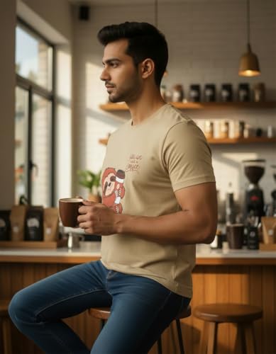 Image of Cute Coffee Sloth Unisex T-Shirt | Regular Fit Round Neck Casual Cotton Tee for Men & Women Sand Beige