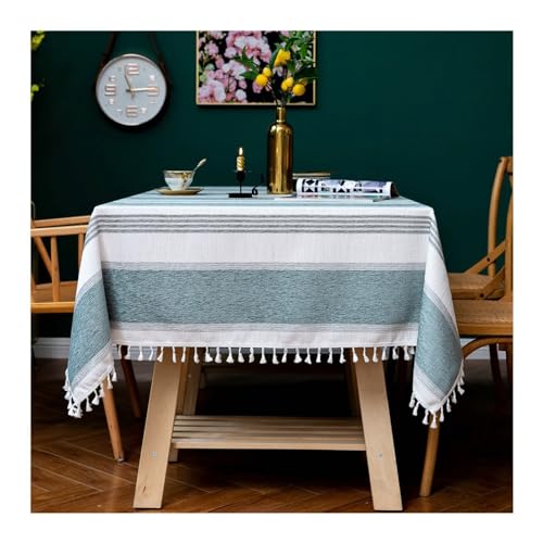 AMDXD Table Linen, Stripes with Tassel, Cotton Linen Tablecloth, Washable Tablecloth, Vintage Table Decoration for Living Room, Dining Room, Balcony, Garden, Sky Blue, 140 x 260 cm