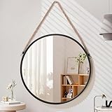 Lzuso Hanging Mirror Black Round Metal Framed Circle Wall Mirrors with Rope Modern for Bathroom Bedroom Living Room Entryway Home Decorative 16'