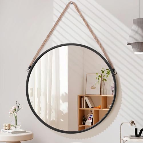 Lzuso Hanging Mirror Black Round Metal Framed Circle Wall Mirrors with Rope Modern for Bathroom Bedroom Living Room Entryway Home Decorative 18
