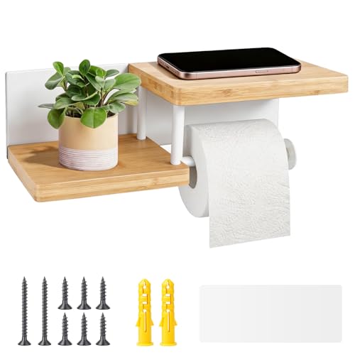 Porte-rouleau de papier toilette en bambou avec étagère et rangement - Sans perçage - Autocollant ou vis - Support de papier toilette en bois - Charge...