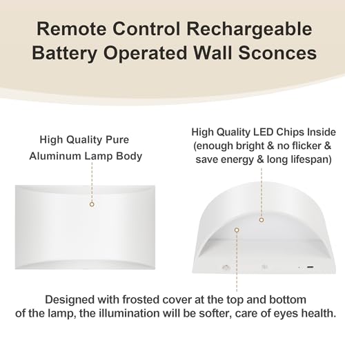 Image of TRLIFE Rechargeable Battery Operated Wall Sconces, Remote Control Dimmable Wall Sconce and 3CCT Touch Control Rechargeable Wall Lights Wall Mounted Light for Bedroom Hallway(White,2P)
