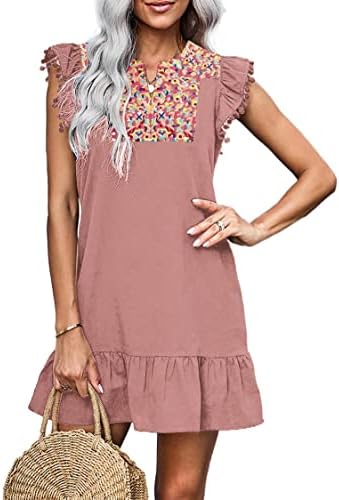 KIRUNDO 2023 Women's Summer Mini Dress Casual V Neck Floral Embroidered Ruffle Sleeveless Shift Dress Flowy Boho Dress(B-Pink, Small)