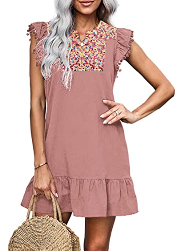 Image of KIRUNDO Boho Summer Mini Embroidered Dresses for Women | Floral Embroidery, Casual V Neck, Spring Fashion, Sleeveless Shift, Mexican Style, Ruffle Hem, Cute Country Concert Outfits