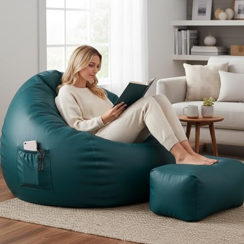 Image of Luxury 5XL Jumbo Bean Bag with Footrest & Cushion | Premium Leatherette | High-Density Beans Filled | Heavy Duty Double Stitch | 6 Months Warranty Color- (Navy Blue) (Teal)