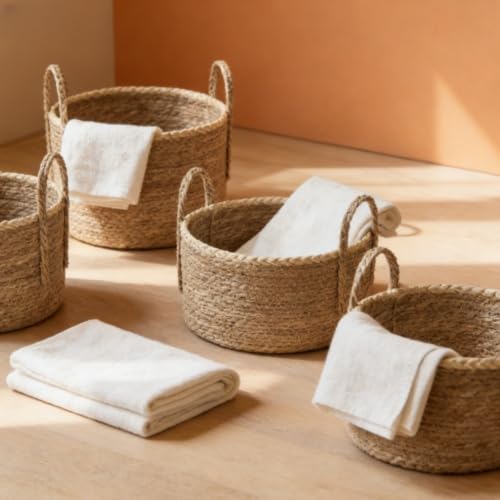 Cesta de ratán beige grande con acabado artesanal superior 4