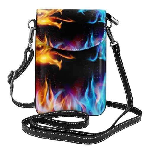 Pochette en cuir pour téléphone portable imprimé dragons de feu et glace, sac bandoulière noir