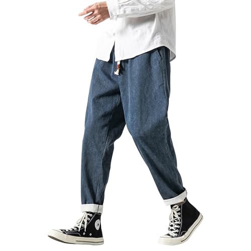 PRIJOUHE Mens Elastic Waist Drawstring Jeans Casual Stretchy Regular Fit Tapered Leg Distressed Jeans Pants