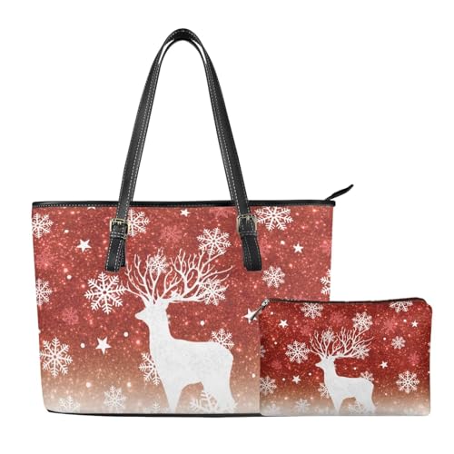 Christmas Tote Bag for Women PU Leather Handbags Top Handle Purses Shoulder Makeup Work Bags 2 Pcs