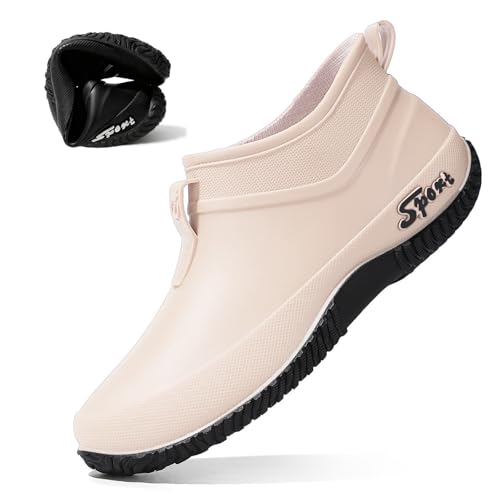 OXNGDMDM Women's Rubber Flat Low Top Rain Boot Fashion Round Wide Toe Waterproof Lug Sole Anti-Slip...