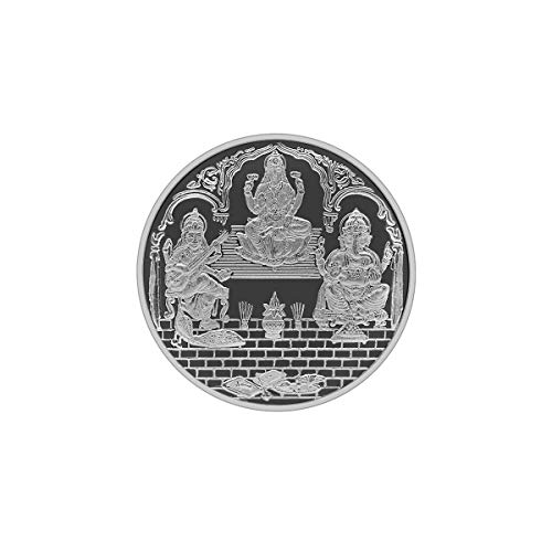 Image of MAA SILVER Pure Silver Laxmi Ganpati Saraswati Trimurti BIS Hallmarked Round Coin Chandi Sikka Perfect for Gifting Investment Diwali Dhanteras (999 Purity)