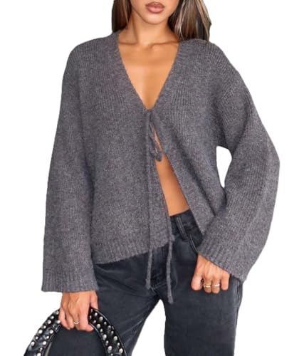 Women's Tie Front Cropped Cardigan Sweater V-Neck Bow Open Front Sweater Crochet Cable Ribbed Knit Top