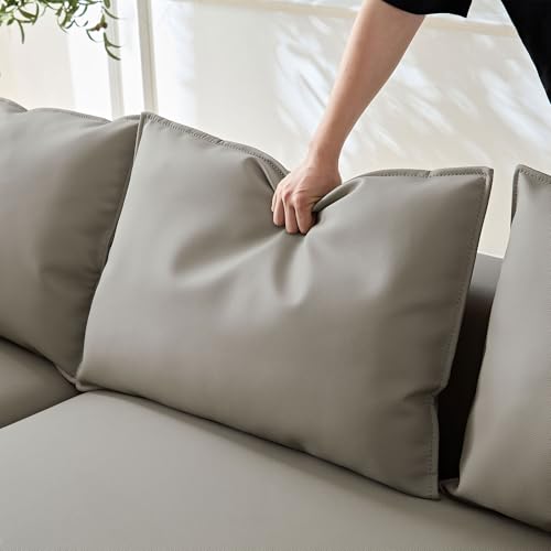 Image of KEIKI 129 inch Curved Oversized Modular Bonded Leather Sectional Sofa with Right Chaise, 4 Pillows, 3 Back Cushion, Modern Style Comfy 5-Seater Couch, Easy Assembly, for Apartment, Living Room, Light Grey