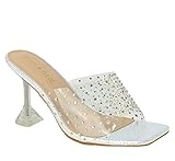 Chase & Chloe Woman's Square Toe Studded Clear Heel Sandals Sofie Silver 7