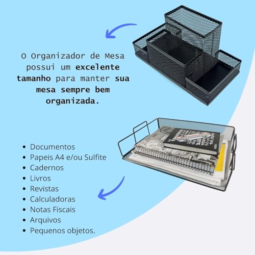 Markys Store - KIT ESCRITÓRIO BANDEJA EMPILHÁVEL ORGANIZADOR MESA PORTA CANETA BANDEJA ORGANIZADORA