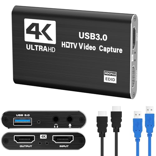 Video Capture Card,USB 3.0 Audio Video Capture Card 4K HDMI Loop-Out, Full HD1080P 60FPS/2K 30FPS Video Game Capture for Streaming Works for Xbox/PS5/Switch/Camera/PC/OBS/Nintendo Switch(Black)