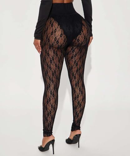 Image of Women's Sexy See Through Sheer Mesh Pants Leggings High Waist Casual Sweatpants Tights