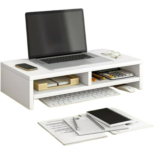 【Daklpiw】コンピュータスタンド、デスクトップモニターベースブラケット、無垢材デスクトップシェルフ、収納棚、モニター台 2段収納、人間工学デザイン、姿勢改善、パソコンラック キーボード収納 PCラック プリンタ台 卓上 収納 工具不要 (ホワイト,ダ
