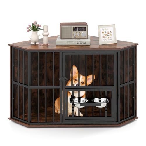 COSTWAY Eck Hundekäfig Möbel, Hundehütte mit verstellbarem Futterspender, 2 Edelstahlnäpfen & abschließbarer Tür, Hundebox aus Holz und Metall, für kleine mittelgroße Hunde, Indoor, Braun