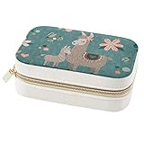 MUOOUM Mini boîte à bijoux de voyage portable en velours - Organiseur de bagues - Bleu sarcelle - Motif Mama Lama et Charrues - Motif cœur