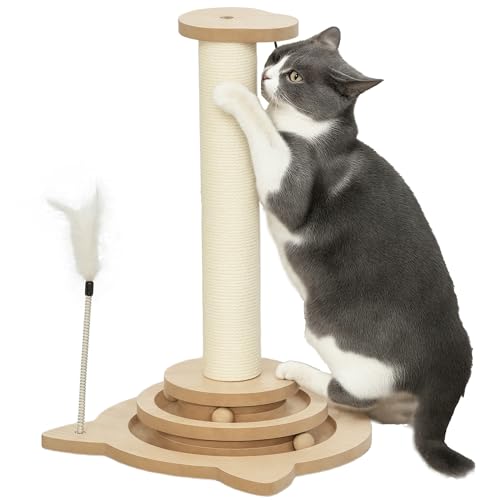PawHut 4-in-1 Kratzstamm, 49cm Kratzsäule, Sisal-Katzenkratzbaum mit Spielball, Kratzbaum für Katzen, Katzen Kratzmöbel, Indoor, Eiche