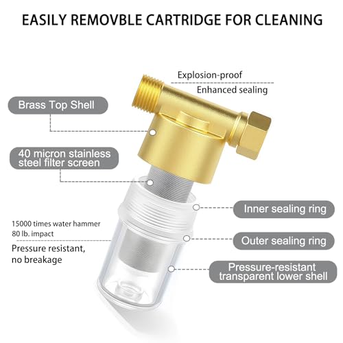 Image of DR02 Reusable Brass Sediment Filter, 40 Micron Washer Water Filter, For Washing Machine, Heater, Faucet, RV, Protecting Appliances, Reduces Clothes Yellowing, Anti Scale Shower Filter