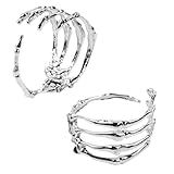 Cakmecwy 2 Pack Halloween Skull Bracelets Skeleton Hand Bracelet Punk Retro Skull Skeleton Bangle Open Bone Arm Cuff Silver Devil Claw Bracelet Costume Accessory for Halloween Cosplay Party