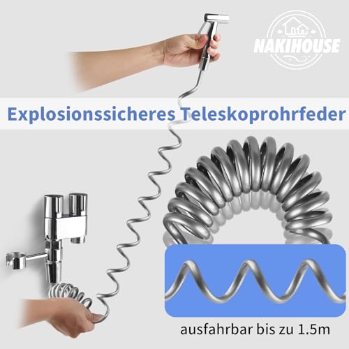 NAKIHOUSE Bidet Handbrause für Toilette, Edelstahl Bidet Handbrause Set mit 1-in-2-out-Doppelsteuerventil Wasserhahnspender und Schlauch Zum Waschen Von Haustieren, Reinigen Des Badezimmers, Chrom