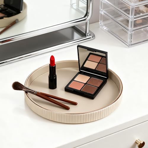 YYTECH Deko Tablett Rund Ø 30 cm Rundes Serviertablett PU Leder Dekotablett Nachttisch Ablageschale für Küche Tisch,Wohnzimmer, Schlafzimmer,Badezimmer(Beige)