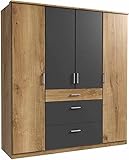 AUSSTATTUNG: Der Design Drehtürenkleiderschrank hat insgesamt 4 Dreh-Türen, 3 Schubkästen, 4 verstellbare Einlegeböden, 1 Konstruktionsboden und 2 verstellbare Kleiderstangen.