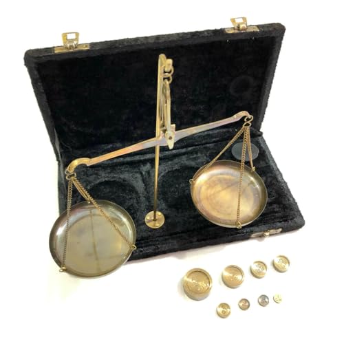 Báscula de equilibrio de latón náutico con caja de terciopelo y conjunto completo de pesas miniatura 4