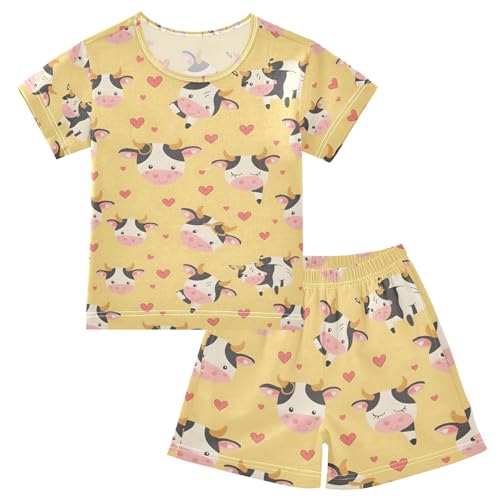 ALAZA Cow Love Yellow Pajamas Set Short Sleeve Cotton Sleepwear Summer Pjs 2 Piece 5-14Y