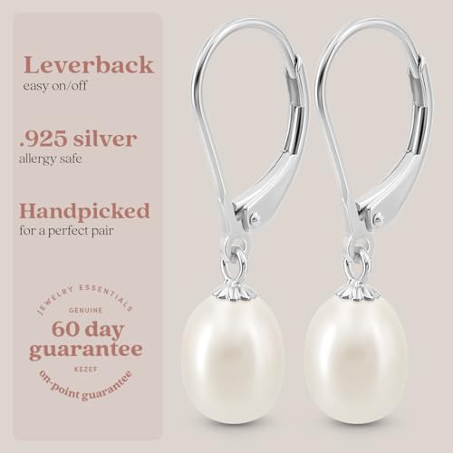 KEZEF Freshwater Cultured Pearl Drop Earrings, 14k White Gold Plated Sterling Silver, 7-8mm Dangle Earrings, Leverback, Hypoallergenic for Women, White Pearl Earrings4