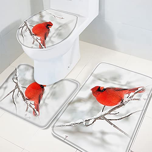 Bathroom Rugs And Mats Sets, 3 Piece Merry Christmas Winter Cardinals Bathroom Sets, Rug Toilet Seat Lid Cover Non Slip Mat Anti-Skid Pad For Tub Shower & Bath Room, Large Size #TOP2