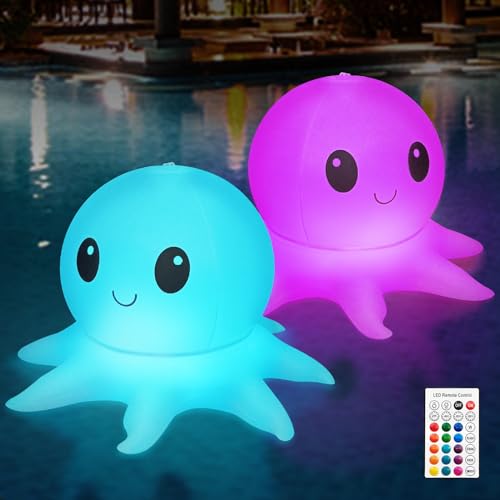 Qoolife Lot de 2 lampes solaires de piscine, lampes gonflables à télécommande, Octopus flottantes pour piscine 16 lumières WRGB 4 modes, étanche IP68 de...