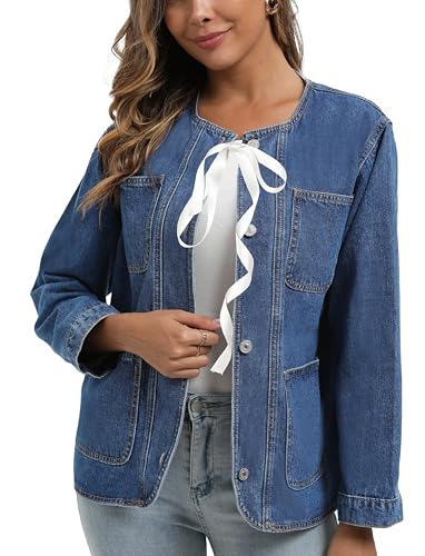 Ladyful Womens Collarless Denim Jacket Trendy Long Sleeve Jean Jacket Casual Button Down Denim Shacket
