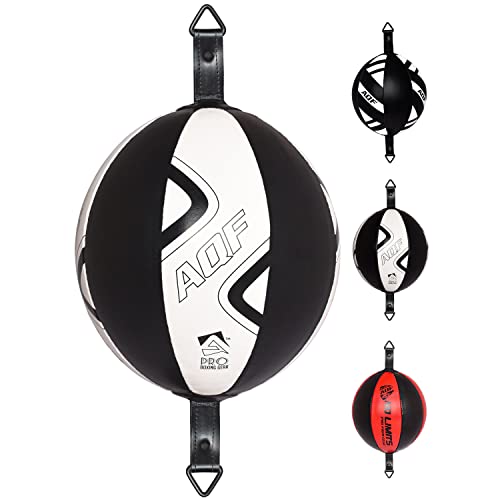 AQF Punching Ball Double Ballon De Boxe Vitesse en Cuir Rex Sac Vitesse De Boxe MMA Sac De Boxe De Plafond pour L’Entrainement (Noir & Blanc Pro)